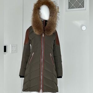 Nicole Benisti N Series Olive Green Down Parka Leather Trim Fur Hood XS